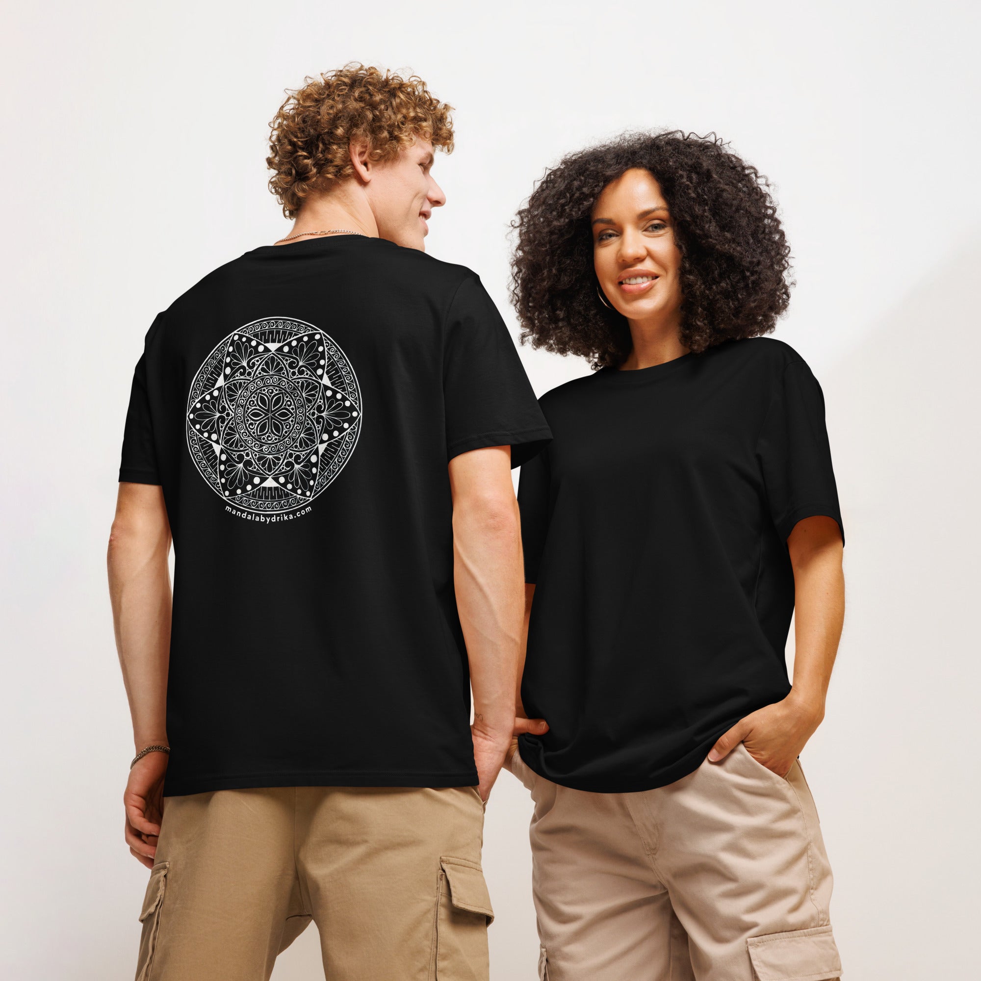 Cosmos Mandala unisex organic black T-Shirt couple mockup mandalabydrika