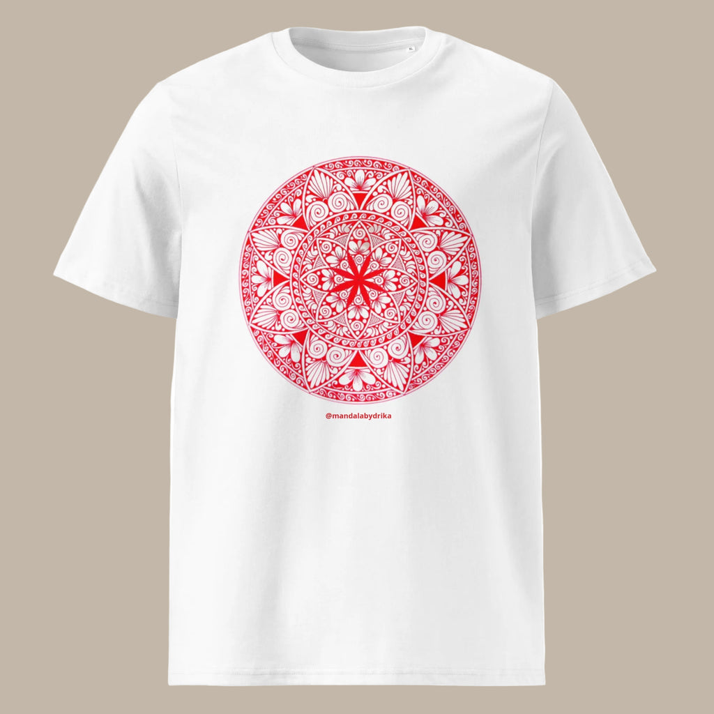 Front view of red hand-drawn mandala t-shirt