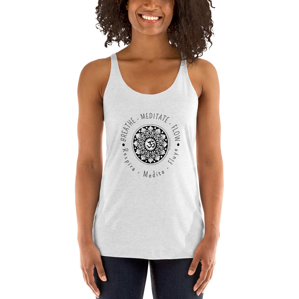 Woman wearing Yoga Flow sleeveless mandala t-shirt