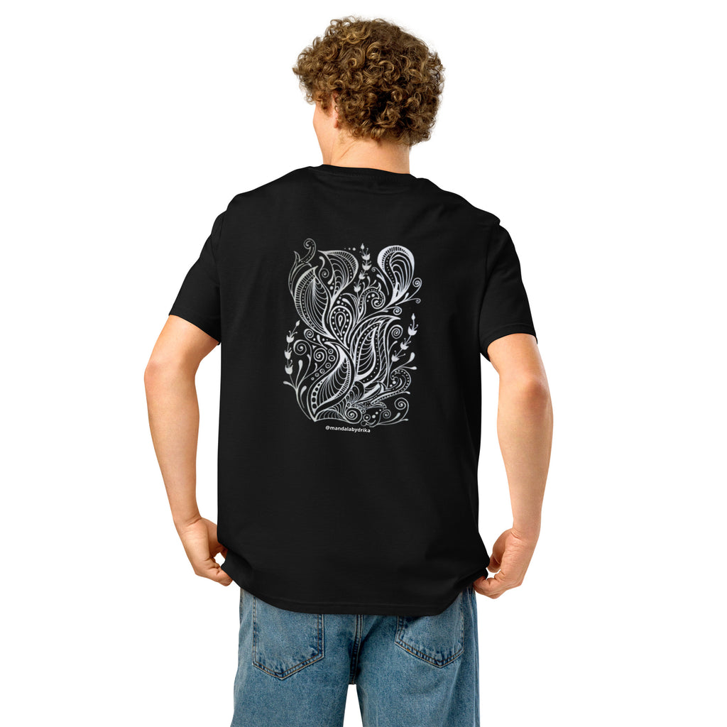 Back view of Zen t-shirt with hand-drawn design